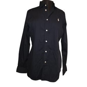 Polo Ralph Lauren Womens Black Button Up White Pony Long Sleeve Size 14 Preppy